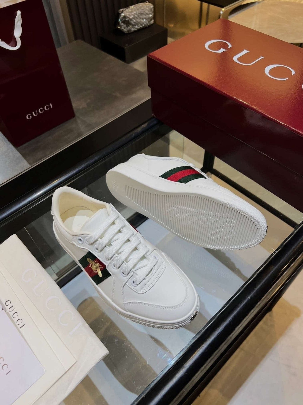 Gucci White Stripe Bee Low-Top Sneakers - White Rubber Sole